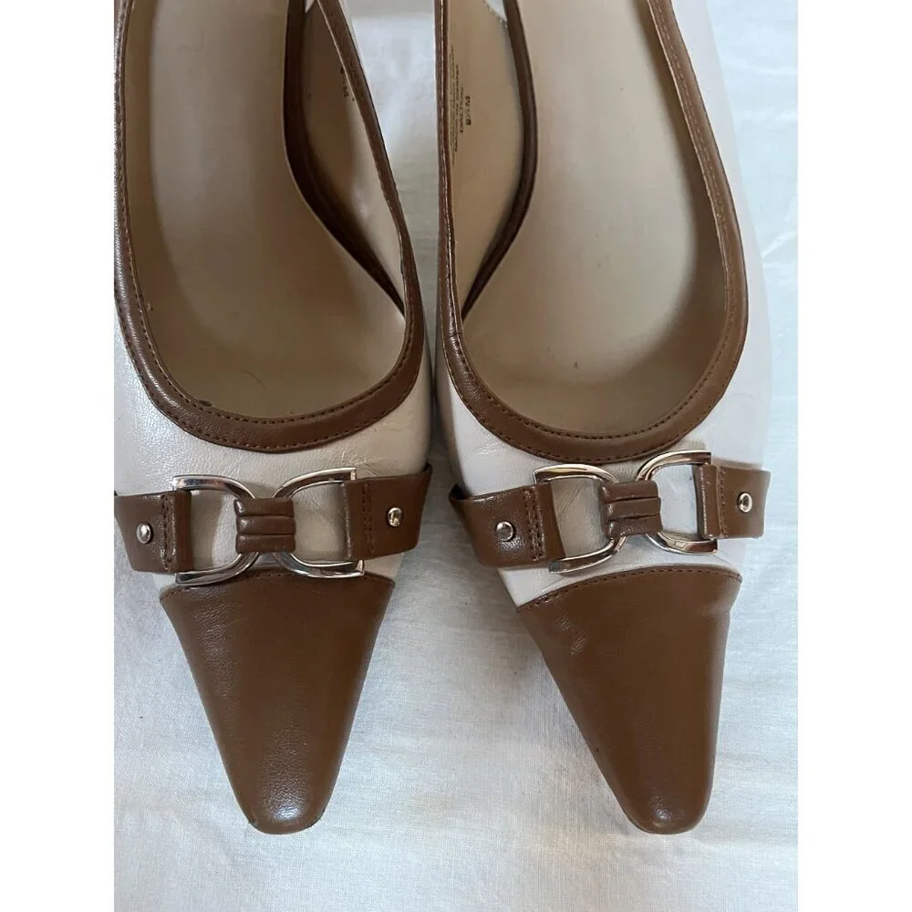 Y2K Vintage Leather Slingback Kitten Heel Spectator Pumps Cap Toe Brown White - Picture 11 of 11